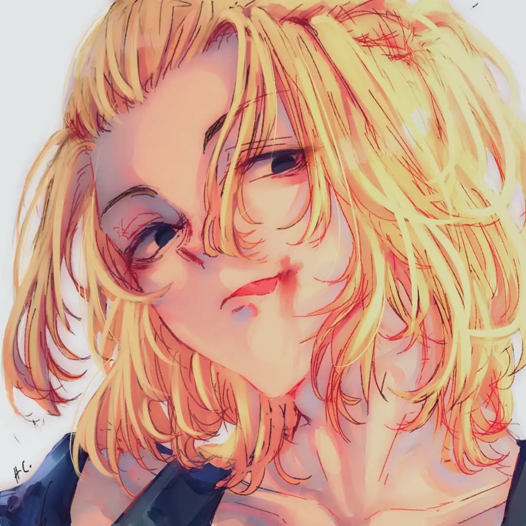 the image is a digital painting or illustration of a young woman with long, messy, blonde hair. her face is partially obscured by her bangs. she has a slight smirk or almost a grimace on her face, and there are visible markings that look like small wounds or scratches near her mouth and eyes. the art style is soft and painterly, with visible brushstrokes and a warm color palette. the woman is presented from the chest up, and she is wearing what appears to be a darkcolored, casual top. the overall mood is somewhat melancholic and intriguing.