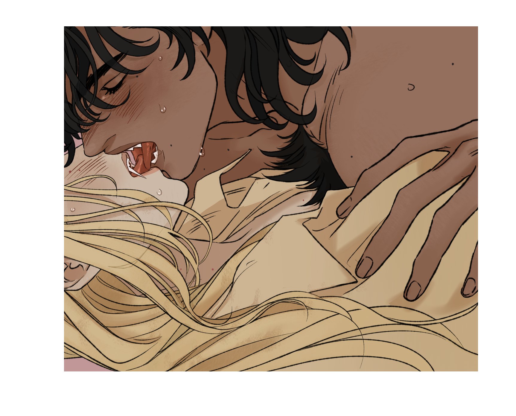 an illustration depicting a vampire biting into a blonde woman's neck. the scene is intimate and suggestive, showcasing the vampire's fangs and the woman's blond hair intermingling. the art style suggests it is from a webcomic or graphic novel.