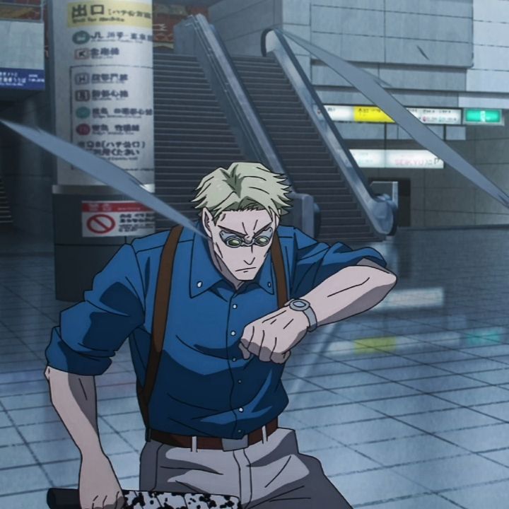 a blonde male anime character is depicted indoors, likely in a train station, standing before an escalator. he's looking to his right with his right hand raised to check his watch. the man has a stern expression, and there are faint motion lines around his hand, suggesting quick movement.  he is wearing a blue buttondown shirt, lightcolored pants, and a brown shoulder bag. the lighting is dim, with artificial light sources illuminating the scene.