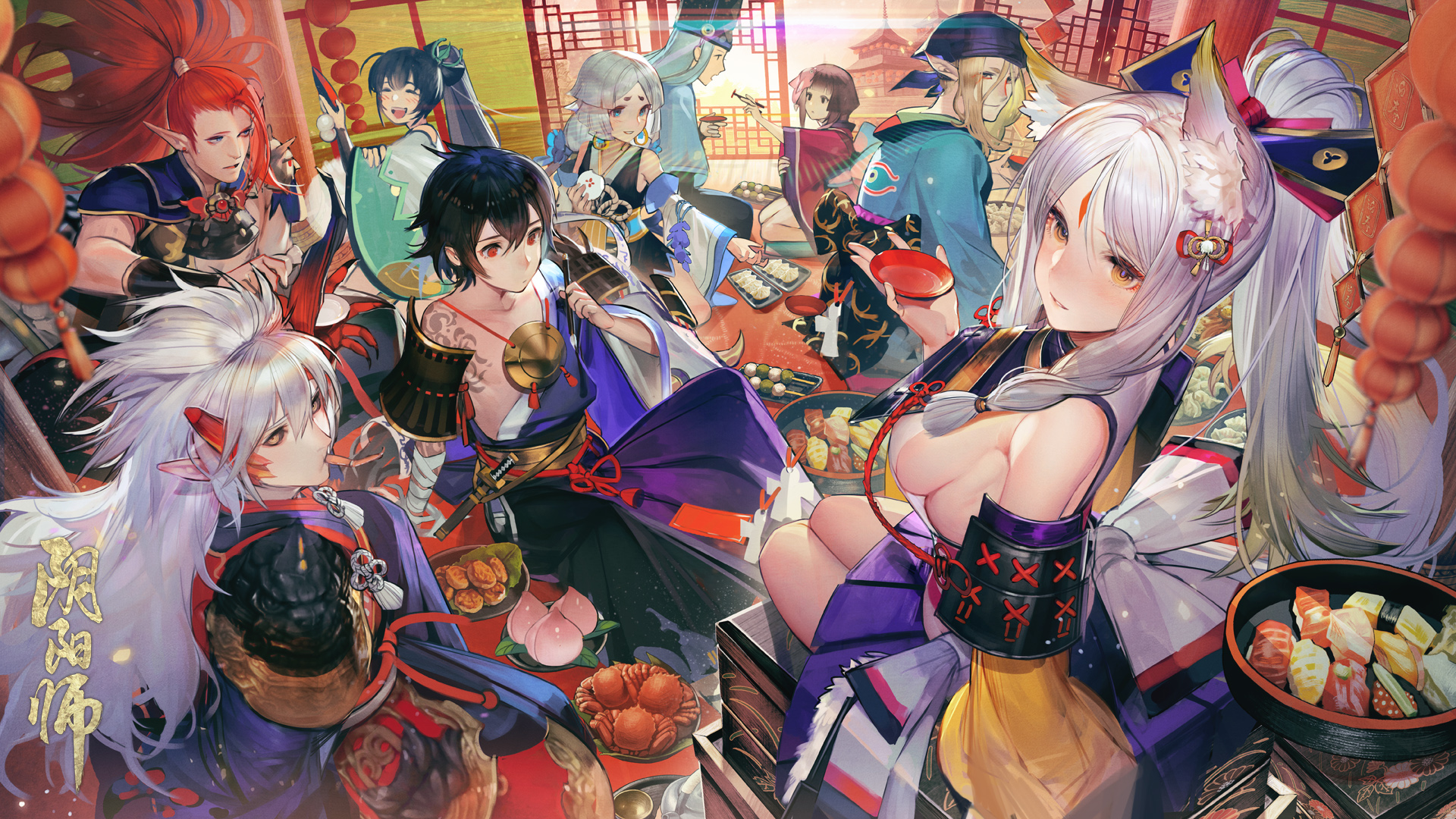 the image is a vibrant and detailed digital painting or illustration in an anime style. it depicts a large group of anime characters, mostly female, dressed in beautiful and colorful traditional japanese clothing, participating in a lively feast or celebration.  the setting appears to be a festively decorated room. there's a wide variety of food, including sushi, dumplings, and other dishes, spread out on the floor. one character prominently featured is a young woman with long white hair and foxlike ears, wearing a stunning kimono.  the overall atmosphere is one of joy, festivity, and rich cultural detail.  the art style is highly polished and expressive, with a focus on dynamic poses and saturated colors. the image likely depicts a festive scene, possibly related to a japanese holiday or cultural event.