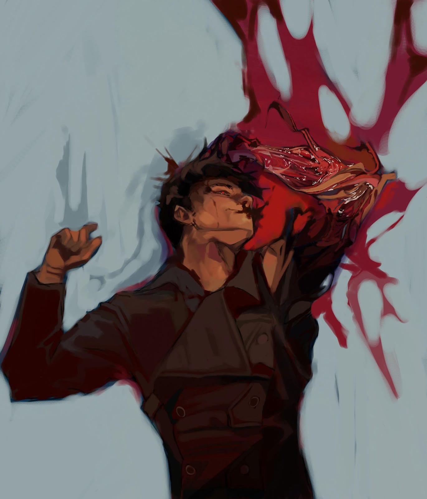 an illustration shows a man lying down in what appears to be pain or distress. a large, bloody wound or object is near his head, with blood spattering around. the man is wearing a dark jacket. the overall impression is dark, disturbing, and violent. the background appears to be a light color, possibly pale blue or grey. the color palette is predominantly dark with shades of red, brown, and grey.