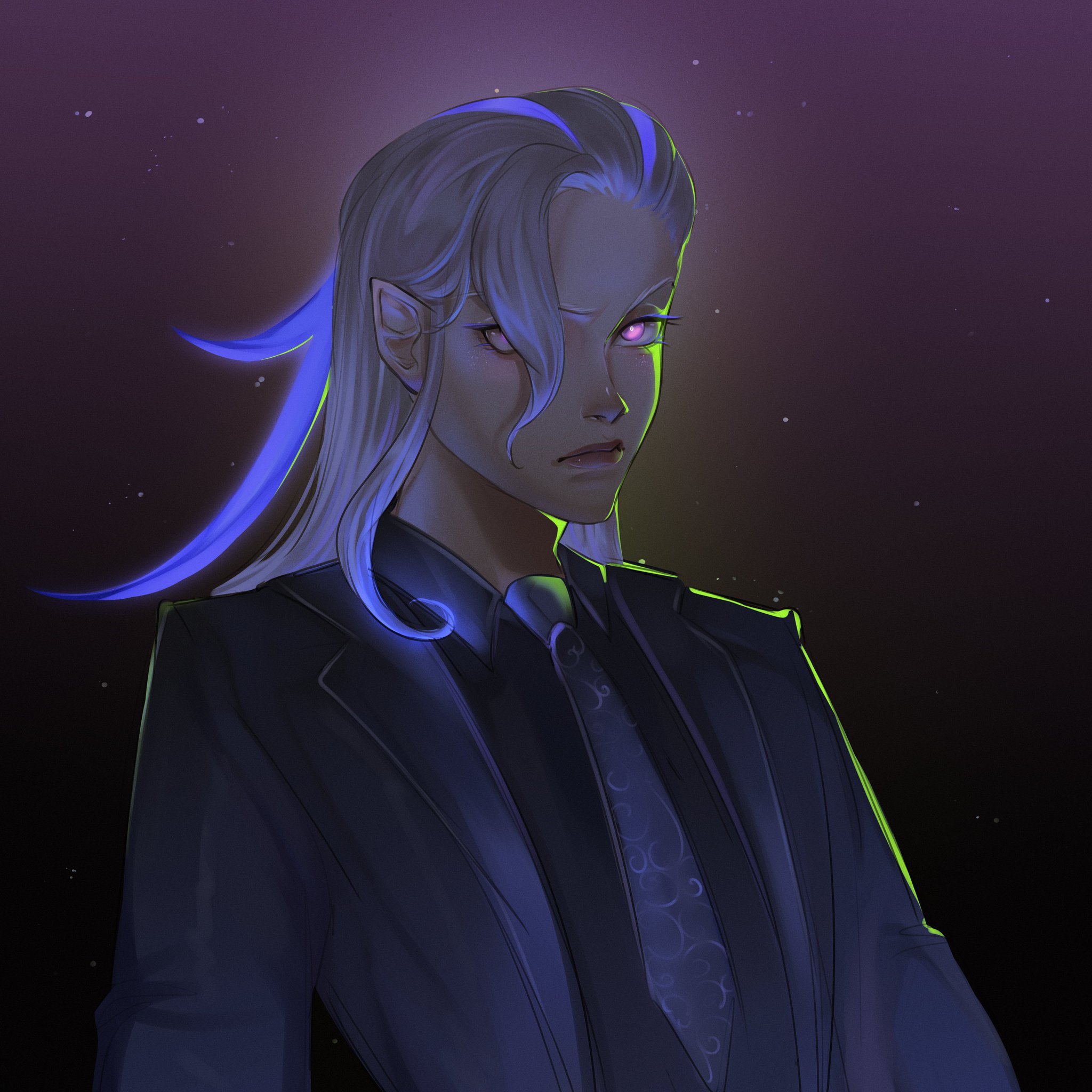 this is a digital illustration of a man with long white hair that has streaks of blue light running through it. he is wearing a dark suit and tie. he has purple eyes that are glowing and his expression is serious. the background is a dark night sky with stars. there is a faint green glow around him.