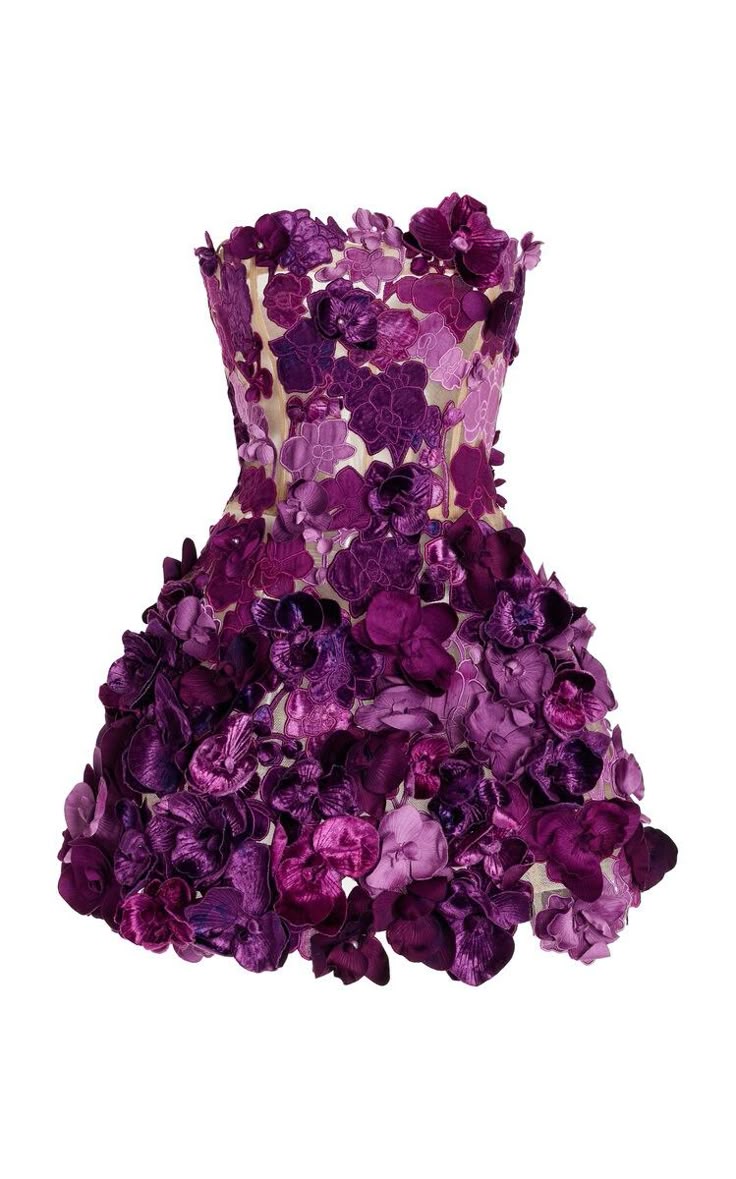 a strapless, purple floral dress.