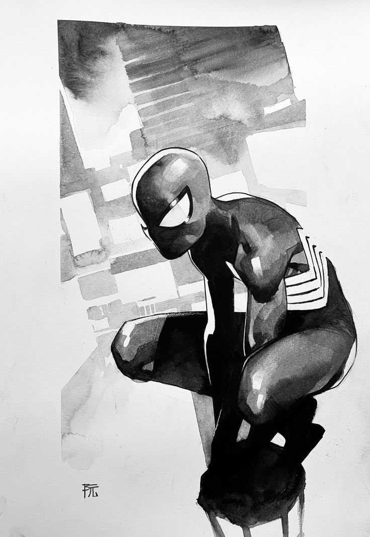 a black and white ink drawing of spiderman in an action pose. he is wearing his black suit and is standing in a dynamic pose with his arms out. the drawing has a lot of detail in the suit and the background is simple with a grey and white cityscape behind him.
