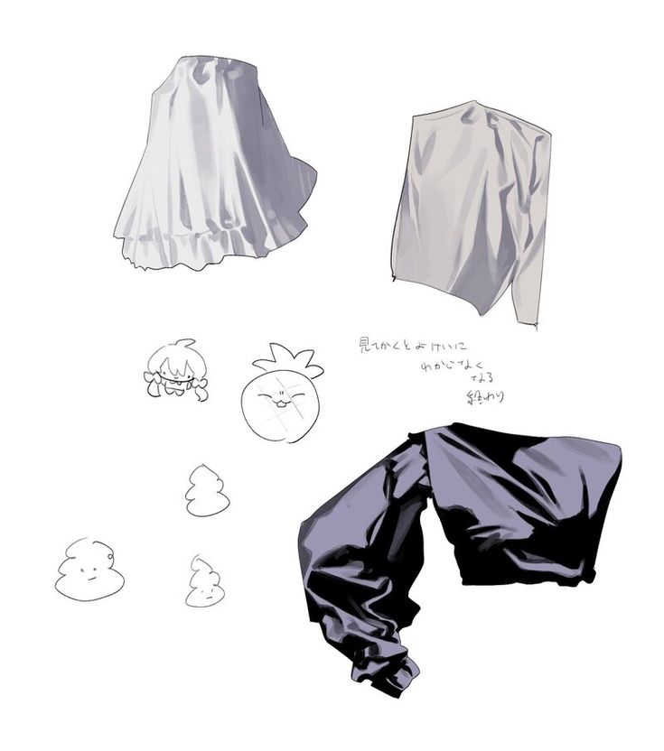 the image is an illustration featuring a collection of sketches and doodles. there are renderings of clothing items, including a ruffled dress, a longsleeved shirt, and a draped, darkcolored top with a sleeve. additionally, there are cartoonlike drawings of faces and abstract shapes. the illustrations seem to focus on the depiction of fabric folds, shadows, and lighting. there is a handwritten note in japanese next to one of the doodles.