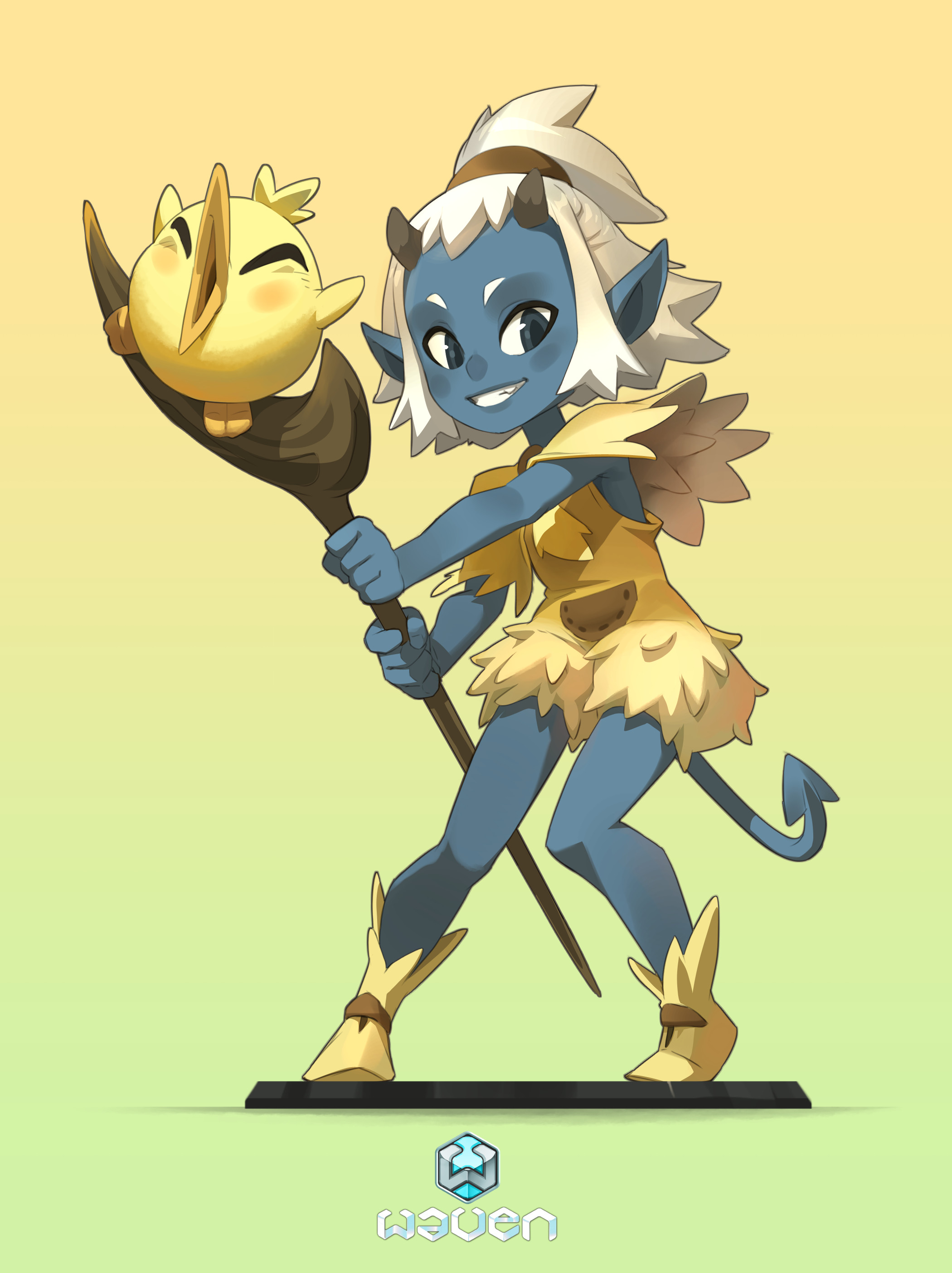 a blueskinned female character with yellow clothes is holding a stick with a cute yellow bird on top of it. the character is smiling and seems happy, with a sweet expression on her face. the background is a light yellow color. the character appears to be a fantasy creature and the illustration has a cute and cartoon style.
