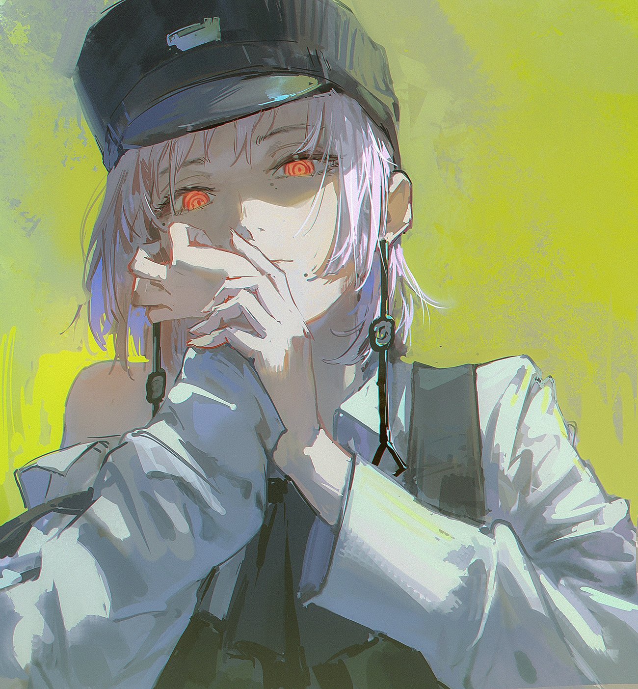 a portrait of an anime girl with purple hair and red eyes. she is wearing a white shirt and a black hat. she has her hand on her mouth and is looking away from the viewer. the background is yellow.