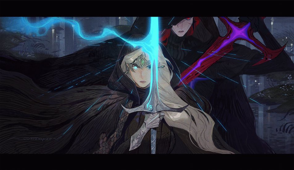a woman with long white hair, dressed in dark armor and a long black cloak, stands with a glowing blue sword.  behind her is a shadowy figure also wielding a glowing, this time red, weapon.  there is a dark, mysterious background.