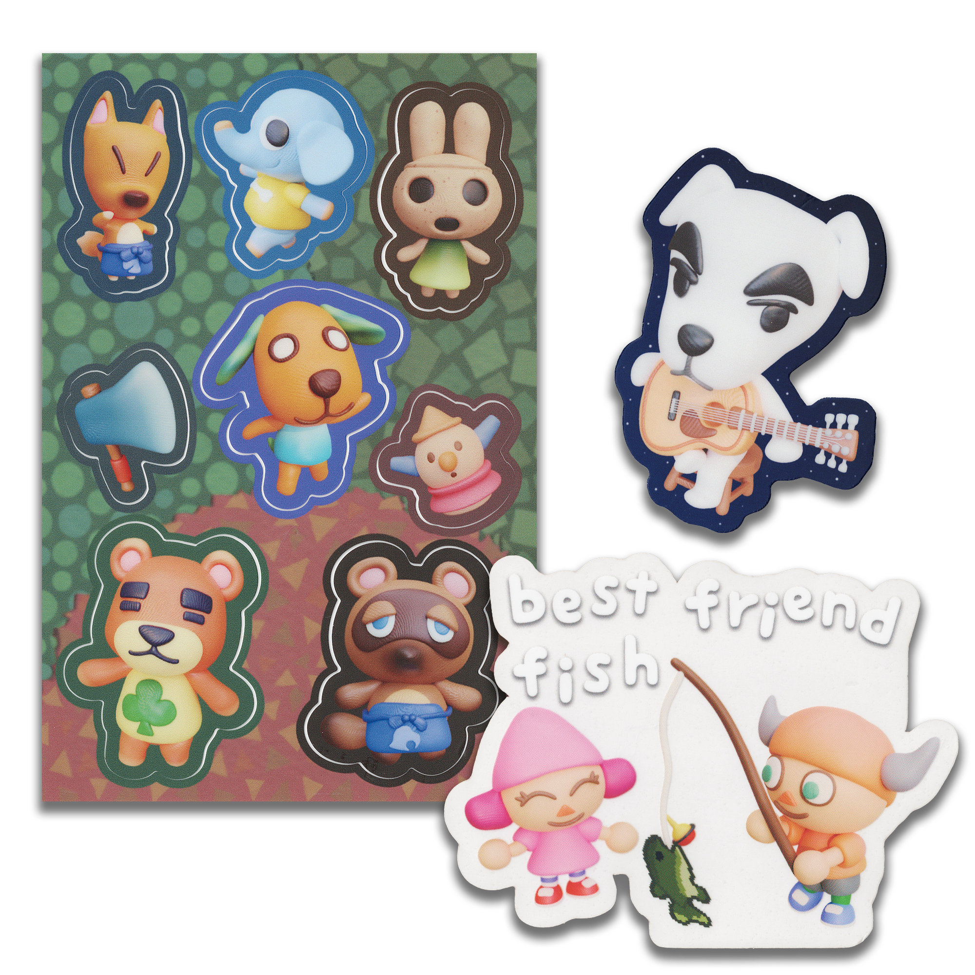 a sticker sheet of various animal crossing new horizons characters.  the sheet features 10 villagers:  tom nook, isabelle,  k.k slider, goldie,  marshal,  cube,  stitches,  ankha,  rover and  judy.  a separate sticker is of a pink villager with a fish on a fishing rod.  the stickers have a "best friends" and "fish" banner above them.