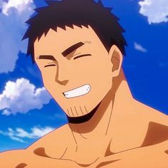 a digital illustration of a muscular smiling man in front of a blue cloudy sky.  the perspective is a closeup, showing his shoulders and head.  the man has dark spiky hair and a stubbly beard.