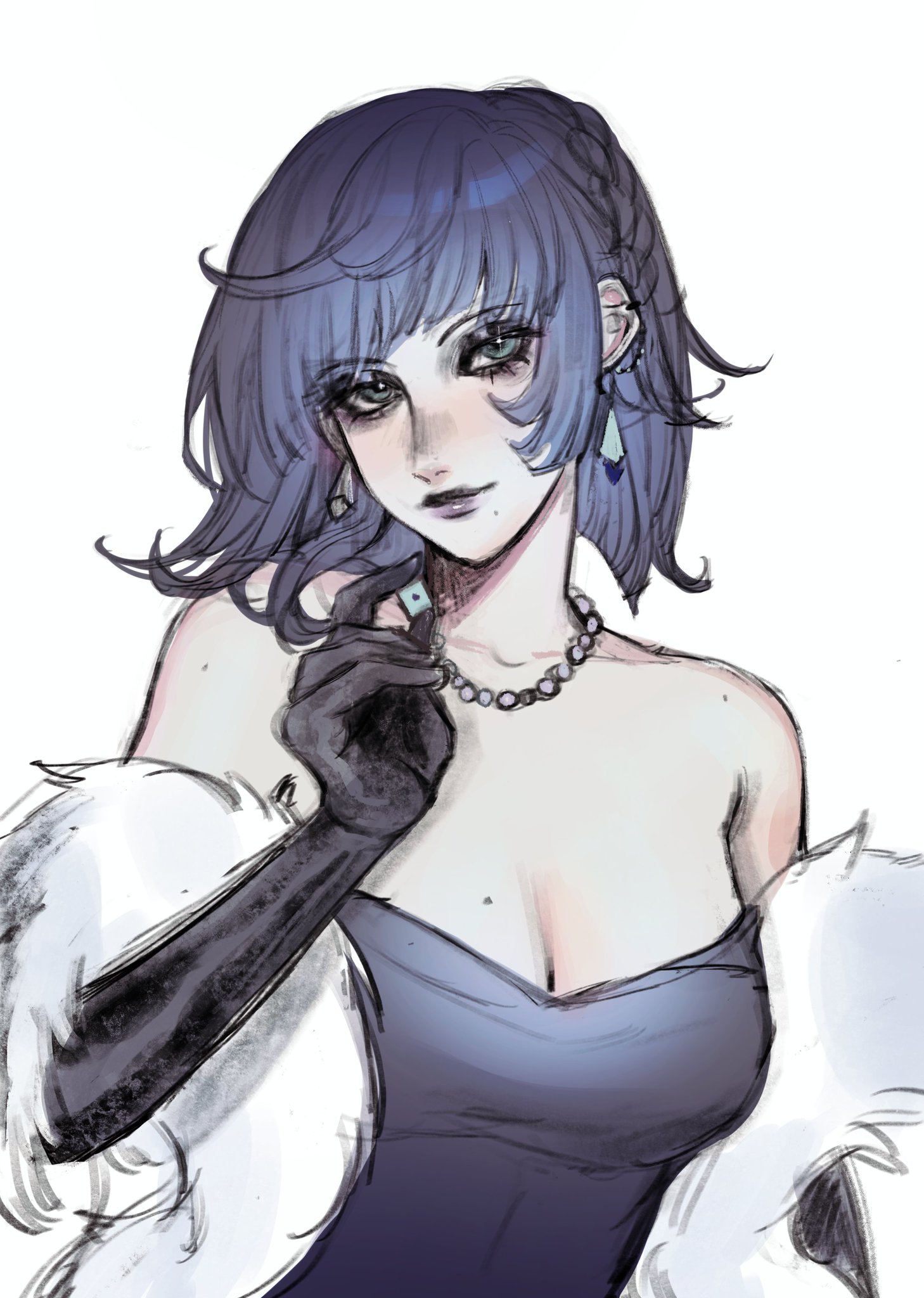 a drawing of a woman with blue hair, blue eyes, black gloves, wearing a blue dress with a white fur collar and a pearl necklace. she is looking at the viewer.
