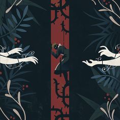 a woman in a long black gown is trapped in a narrow vertical space, surrounded by thorny vines against a deep red background. she is reaching out, her face obscured by a mask or shadow, while pale hands from the surrounding dark forest reach towards her. the scene is illuminated with dramatic, dark lighting, emphasizing the woman's isolation and the unsettling atmosphere.