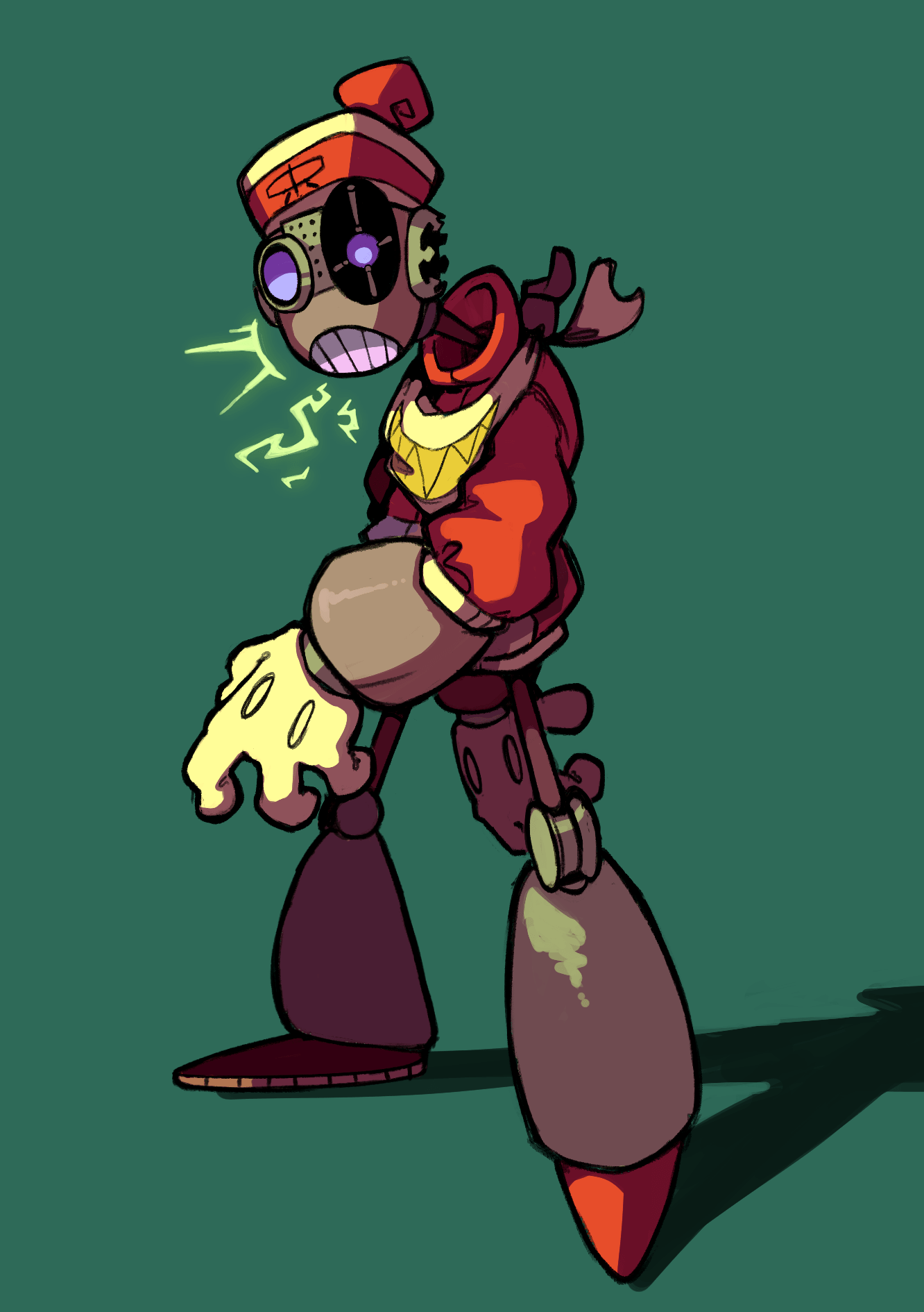 a stylized cartoon robot with a single eye stands against a solid green background. its design is reminiscent of retro animation, with exaggerated proportions and simplified details. the robot sports a red and gold color scheme, with a large, round head and a single, glowing eye. its body is segmented, with visible joints and a whimsical, almost cobbledtogether aesthetic. the robot's posture suggests movement, as if it's about to take a step forward. the lighting is dramatic, casting strong shadows that emphasize the robot's form and create a sense of depth.