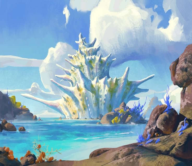 the image is a vibrant digital painting of a fantasy coastal landscape. a colossal seashelllike structure dominates the scene, seemingly emerging from the turquoise waters. the sky is a bright blue with fluffy white clouds. rocky outcrops with various colors of vegetation line the shoreline. the color palette consists of blues, greens, browns, and yellows.