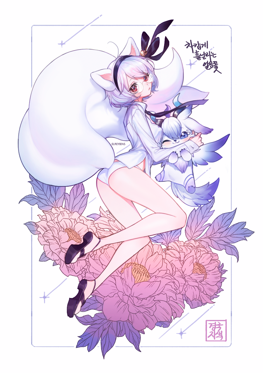 an anime girl with white hair and fox ears wearing a white dress shirt and bloomers. she's laying down on a bed of peonies while holding a blue fox plush in her arms. she has red eyes and is looking straight at the viewer.