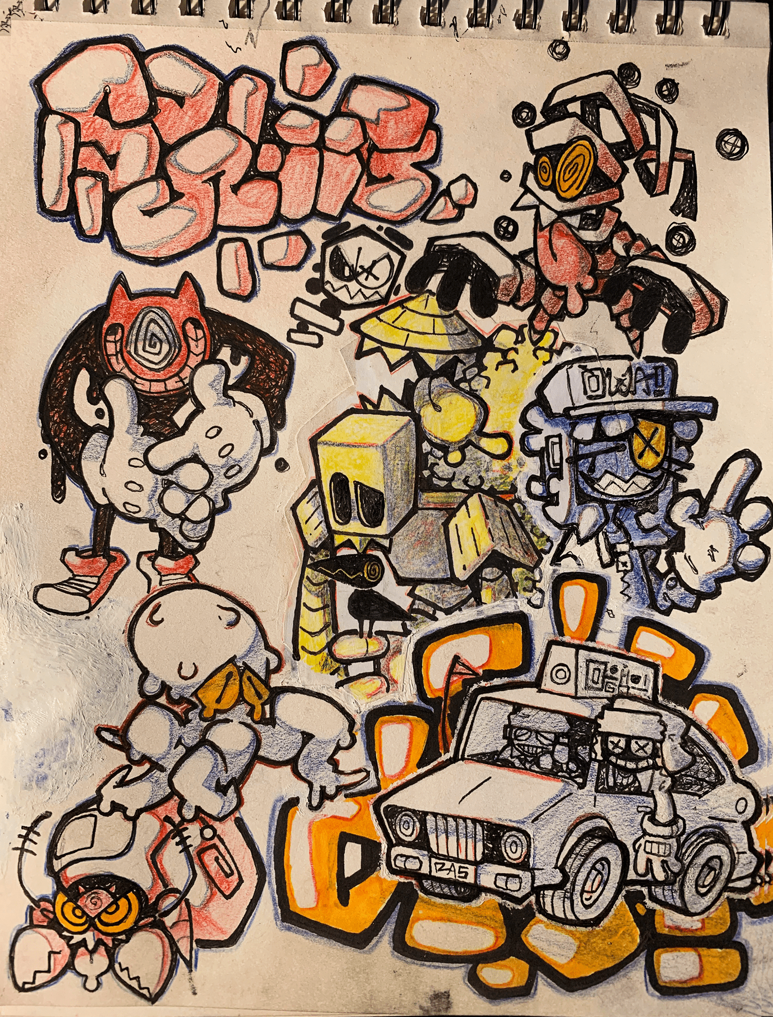 a sketchbook page is filled with colorful, stylized graffiti characters. each character boasts unique features and poses, contributing to a lively and dynamic composition. there are bubble letters at the top and bottom that read "crim" and "crew" respectively. the characters are outlined in black marker and filled in with colored pencil or marker. the paper is offwhite and the lighting is indoor.