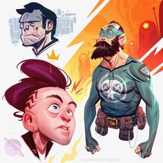 the image features three stylized male characters set against a vibrant, abstract backdrop hinting at a space or fantasy setting. each character boasts exaggerated features and bold lines. the first character, positioned on the top left, appears sullen with his head downcast. the second character, centrally positioned, is a muscular figure with a skull emblem. he's adorned with futuristic gear, suggesting a superhero or warrior role. lastly, the third character, positioned on the lower left, exudes a youthful yet concerned expression. the overall composition suggests a narrative with potential conflict or tension.