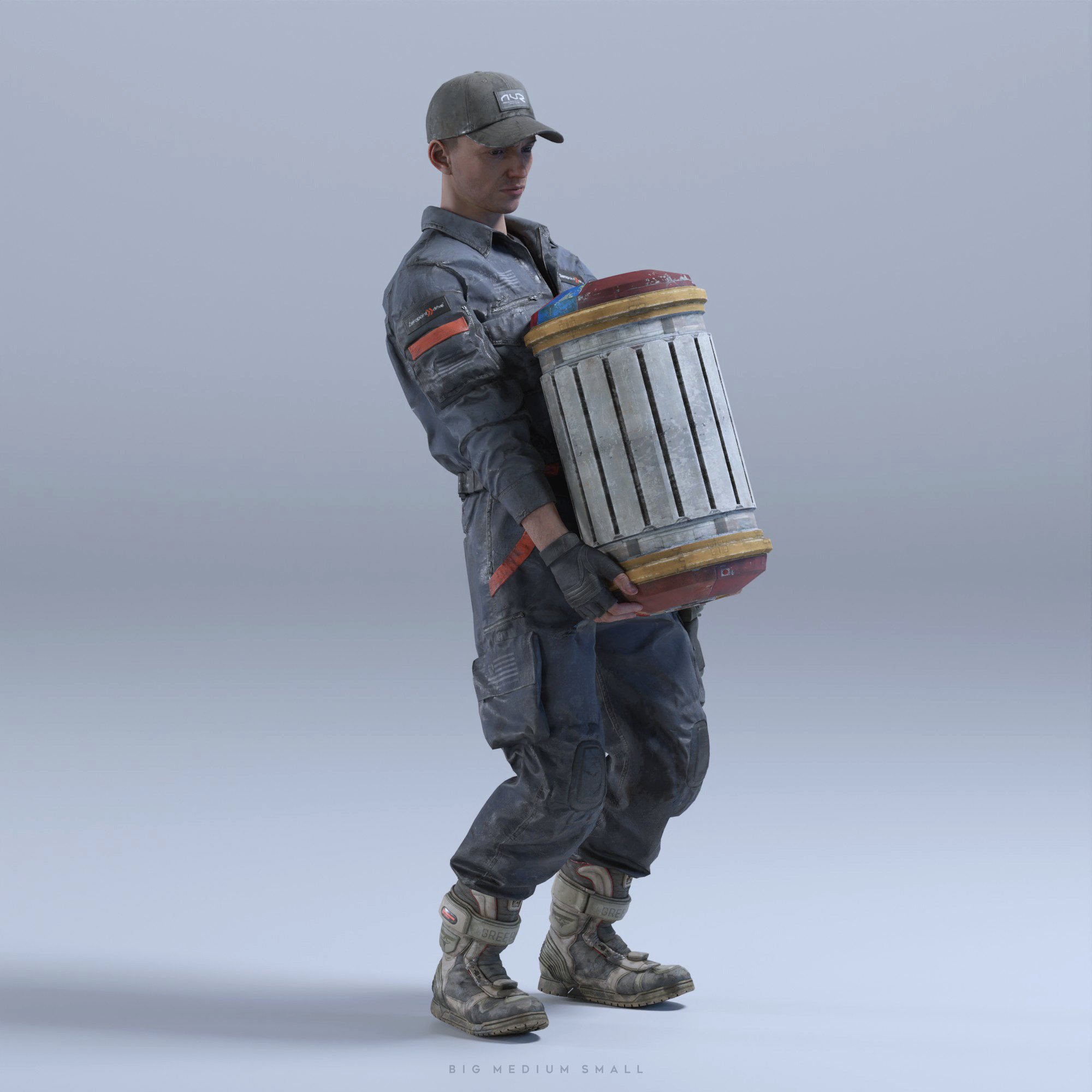 a 3d render of a male character model, likely a mechanic or engineer, wearing a grey jumpsuit, cap, and boots. he is carrying a large cylindrical container that seems weathered or worn. the overall style is realistic and detailed, with a focus on the character's attire and the object he's carrying.  the background is a simple light grey, creating a clean studio shot aesthetic.  the character appears to be carrying the cylinder with some effort.