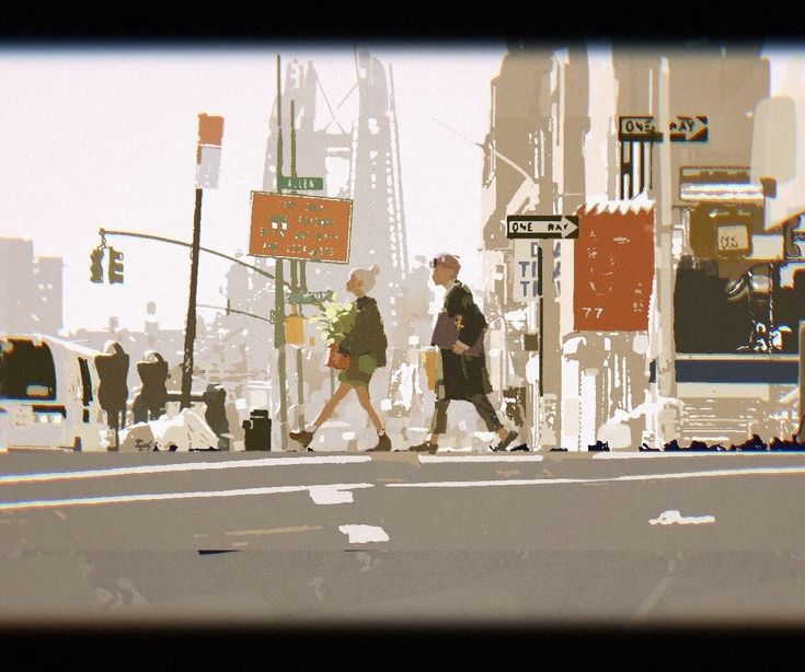 the image is a digital illustration or painting depicting a street scene, possibly in new york city, judging by the style of buildings and street signs.  the overall style is semirealistic, with muted pastel colors and a vintage filter effect applied, giving it a slightly nostalgic feel. the focus is on two figures—a woman carrying a plant and a man carrying a bag—crossing a street. other pedestrians are visible in the background, but less distinct. the cityscape includes various buildings, street signs (including "one way" signs), and a traffic light. the image conveys a calm, almost melancholic atmosphere of urban life. the artistic style is unique, blending elements of realism with painterly abstraction.