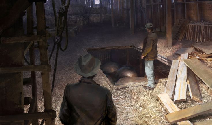 an image of two men standing in a barn looking into a wooden crate. inside the crate, there are large spherical shapes, possibly eggs. the barn is filled with hay and wooden planks. a ladder and other wooden structures are visible. the scene is dimly lit, creating a sense of mystery.