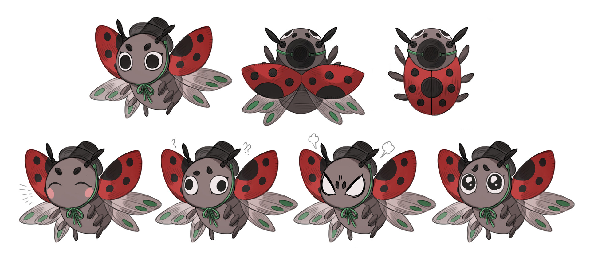 this is a digital illustration sheet showing a ladybug character in various positions and expressing different emotions, such as happiness, sadness, anger, surprise, and fear. the ladybug is stylized with big eyes, a hat, and butterflylike wings. the drawings are done in a cartoon style with line art and flat colors.