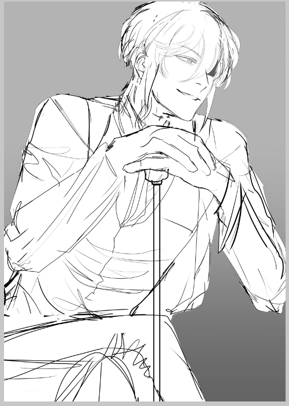 a black and white drawing of a stylish anime character. the character is a male with long hair. the character is in a formal outfit and is posed in a sitting position with one hand resting on a long canelike object. he is looking down and has a soft look on his face. the image is a sketch or drawing that has been done with a black line art style, and is set against a gray background.