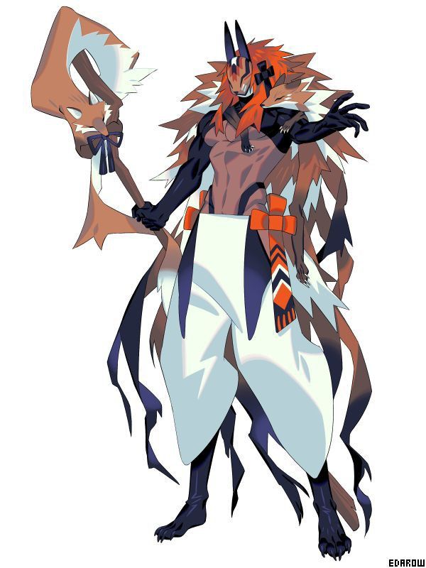 this is a digital art illustration of a humanoid fox with a fierce expression holding a staff. the fox is wearing a white, orange, and black costume and has flowing fur around their head. the background is white.