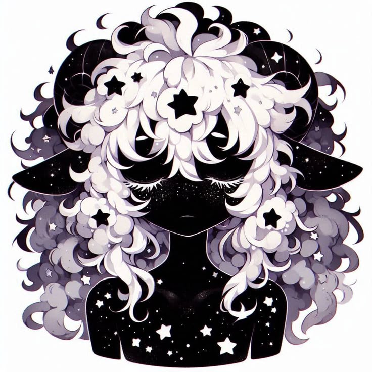 a black and white animestyle illustration of a sheep or ramlike creature with curled horns. the creature has a dark, possibly voidlike face with closed eyes and starry sparkles around them. its wool is depicted as fluffy white clouds interspersed with black stars. the body is a solid black with scattered white stars across the chest and shoulders, creating a celestial effect.