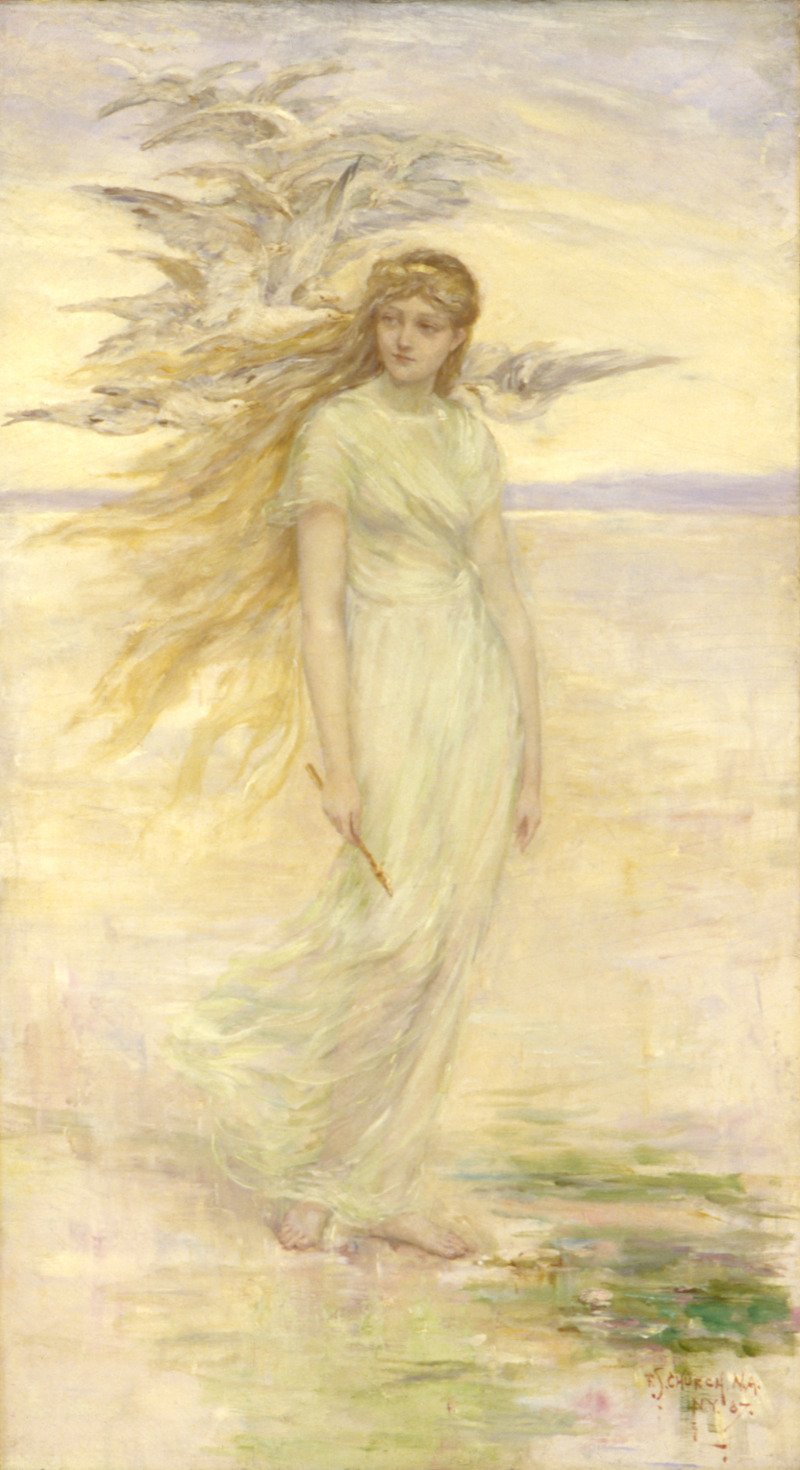the image is a painting depicting a woman with long blonde hair standing on a beach. she is wearing a flowing white dress and holding a small stick in her hand. behind her, a flock of seagulls is flying in the sky. the background shows the ocean and shore, with a soft, muted color palette. the style of the painting is reminiscent of the preraphaelite movement, with a focus on detail and romantic imagery.