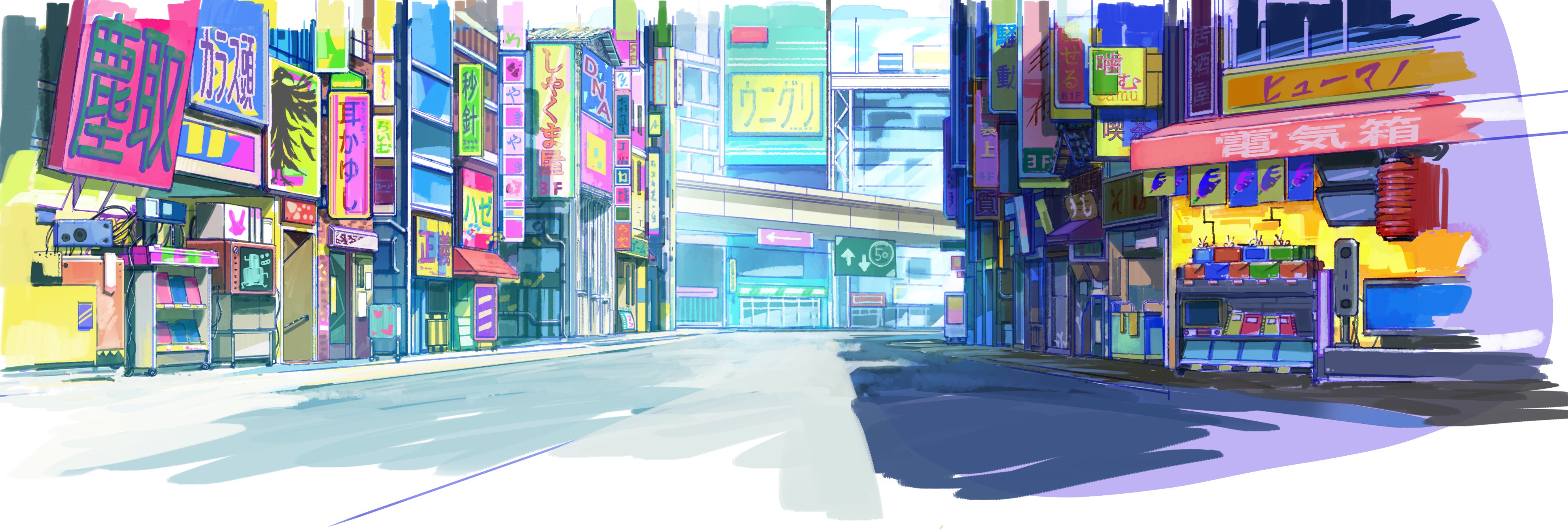 the image is a colorful and vibrant illustration of a japanese city street. the buildings are tall and narrow, and they are covered in colorful signs. there are a variety of shops and restaurants lining the street, and there is a highway overpass in the background. the street is empty, and the sun is shining brightly.