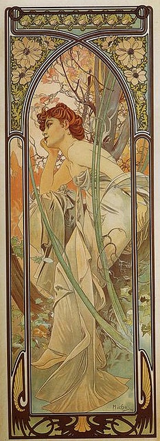 an art nouveau painting by alphonse mucha featuring a woman in a flowing dress, set against a backdrop of nature. the artwork is framed with ornate designs and flowers. the style is reminiscent of vintage posters. the woman is depicted in a contemplative pose.