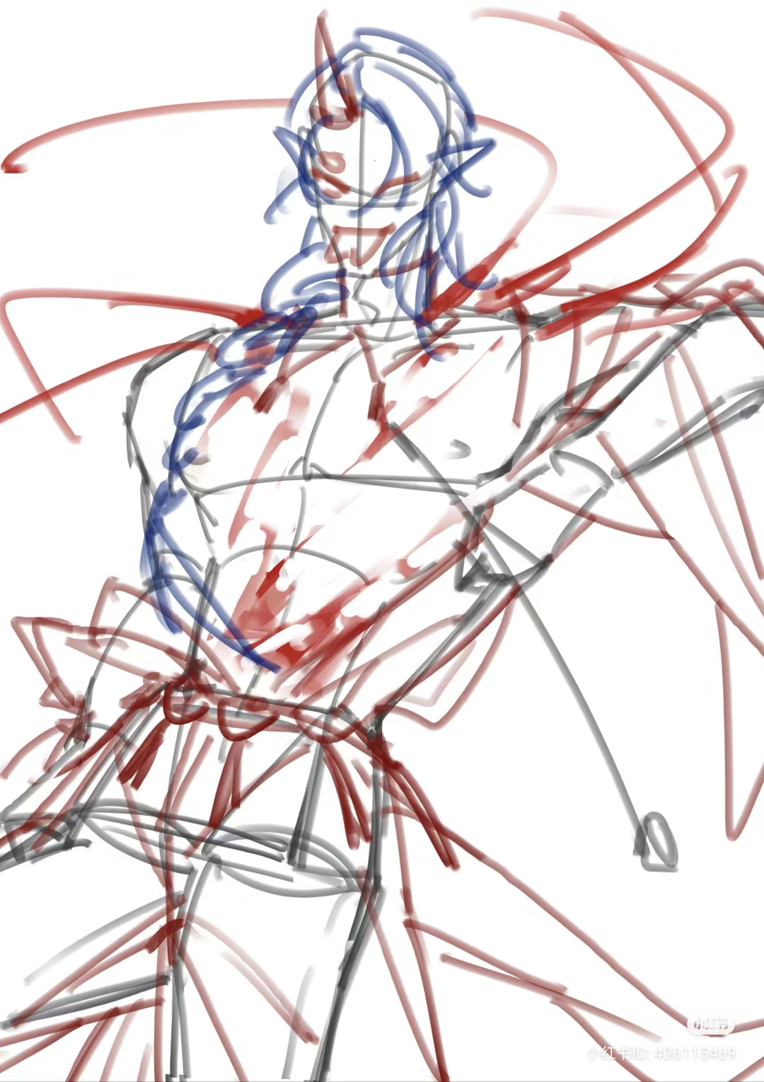 a dynamic sketch of a horned, winged, muscular, male demon. he has long hair, is bare from the waist up, and wears a loose skirt or loincloth type of garment. the art is primarily red and blue linework on a white background.