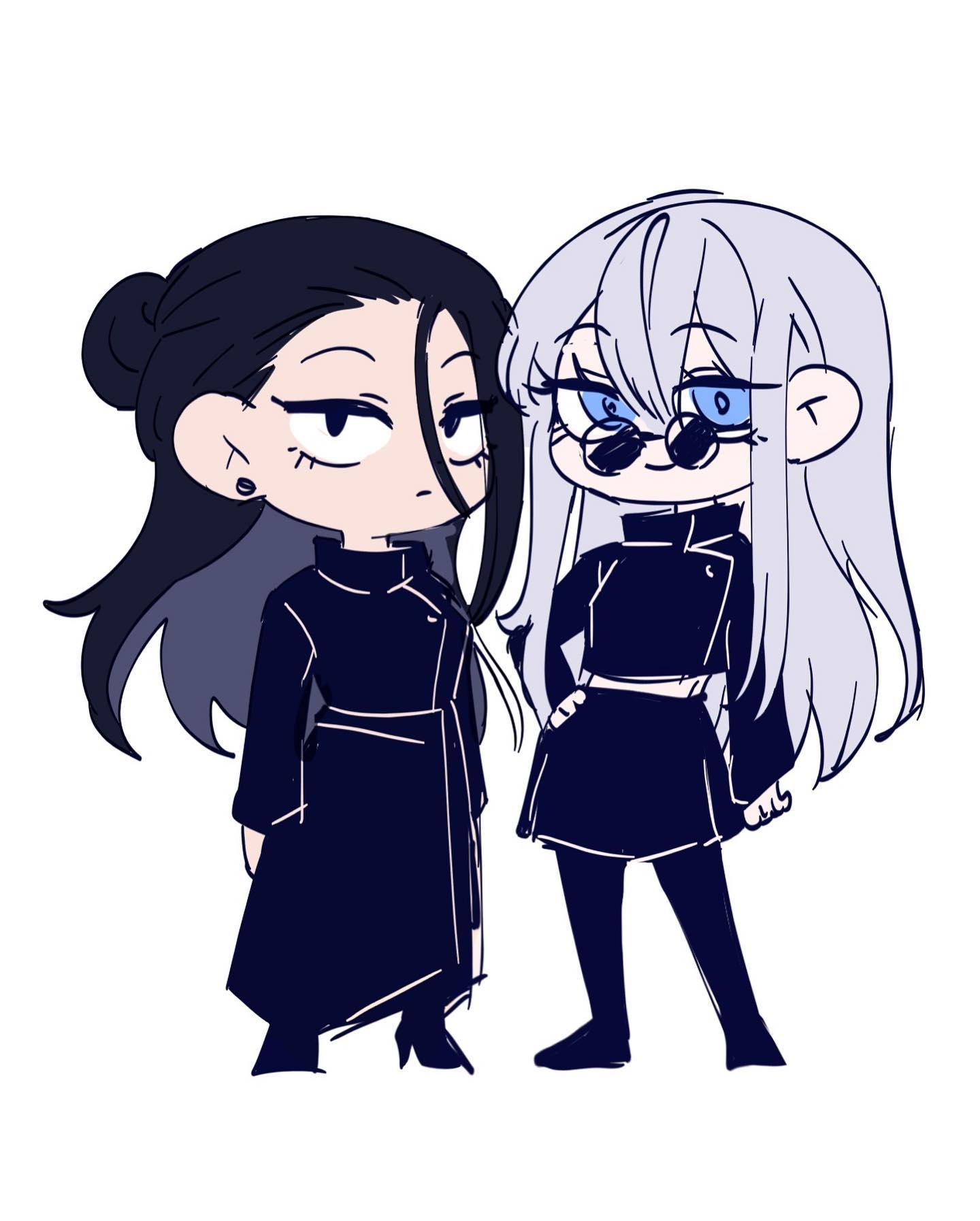 the image is a cartoon illustration of two anime girls standing sidebyside.  the girl on the left has black hair and is wearing a black coat, while the girl on the right has white hair and is wearing a black dress.  the girls are looking at each other. they are both smiling and appear to be friendly. the image is drawn in a chibi style, which is a popular style of anime art that features characters with large heads and small bodies.