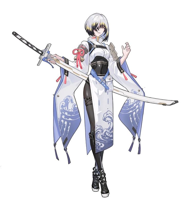 the image showcases an animestyle female character. she possesses short, gray and yellow hair, and is attired in a stylized kimonoinspired outfit, predominantly white with blue wave patterns.  the outfit is complemented by black leggings and boots. a prominent feature is a long, lightcolored katana held in her hands. the art style leans towards a modern, slightly stylized aesthetic common in video game character design.  the background is pure white, focusing attention entirely on the character.  the character's expression is serious, yet also hints at confidence.