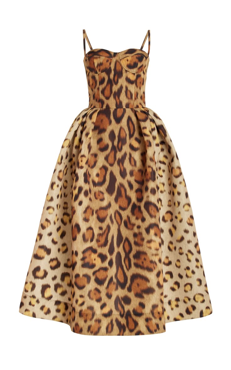 a fulllength leopard print dress with thin straps and a bustier top, with a full skirt.
