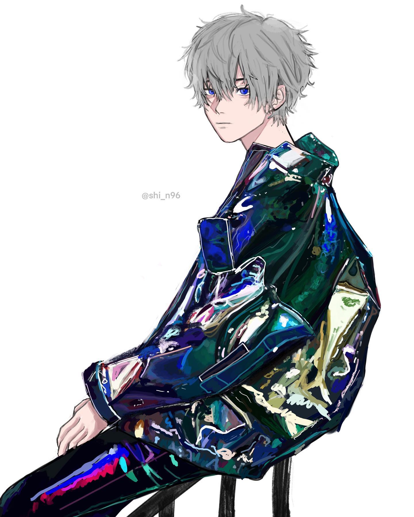 he image showcases an anime boy with tousled silver hair and striking blue eyes. he's dressed in a stylish ensemble featuring an iridescent jacket that shifts between shades of blue, green, and purple. the play of light on the jacket creates a mesmerizing effect, highlighting its glossy texture. he pairs the jacket with simple black pants.  the background is a stark white, drawing all attention to the subject and his attire. his pose is relaxed, perched on what appears to be a stool, with his body turned slightly away from the viewer.