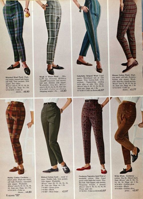 a page from a vintage sears catalog featuring various styles of women's pants. the pants include wool plaid, wash 'n wear plaid, striped wool capris, woven cotton plaid, nubby cotton corduroy, ribbed cotton cord, corduroy tapestrylook print, and widewale corduroy. the pants are all highwaisted and feature different design elements such as belts, pockets, and side zippers. the page also includes descriptions of the materials, sizes, and prices.