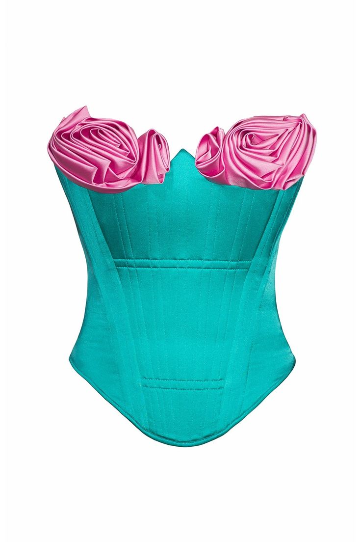 a teal corset top with pink floral detailing on the top, isolated on a white background.