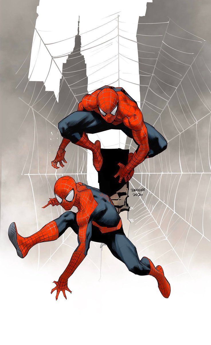 the image shows a closeup of two spiderman figures in action. the first spiderman is in the foreground, hanging upside down, while the other is suspended midair above him. the webslinging poses of both figures are dynamic and powerful, showcasing their superhero prowess. the background features a cityscape, with a prominent skyscraper and webs that seem to connect the buildings. the image evokes a sense of action and excitement, capturing the essence of a superhero comic book.