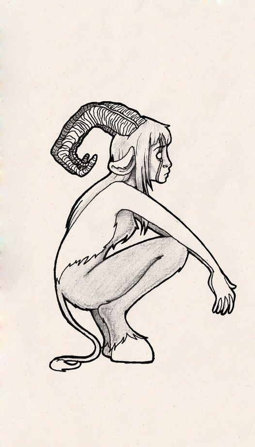 a black and white drawing of a mythical creature that appears to be a satyr or faun. the creature has goat horns, legs and tail and a human head and torso. it has a sorrowful expression on its face, is sitting on its haunches, and appears to be looking down. the drawing is done in ink on a light background and is very detailed.