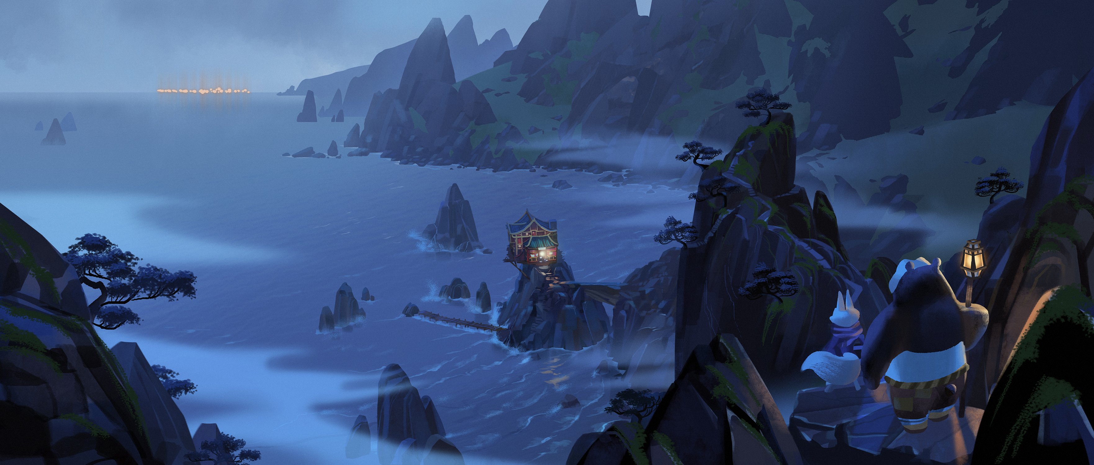 the image depicts a dramatic, panoramic view of a rocky coastline at night, shrouded in a lowlying fog. two stylized characters, barely discernible in the shadows, stand on a cliff edge overlooking a small, illuminated building precariously perched on a rocky outcropping connected to the mainland by a narrow walkway. a ship with glowing lights sails in the distance, adding a touch of mystery to the scene. the overall atmosphere is one of quiet solitude and adventure.