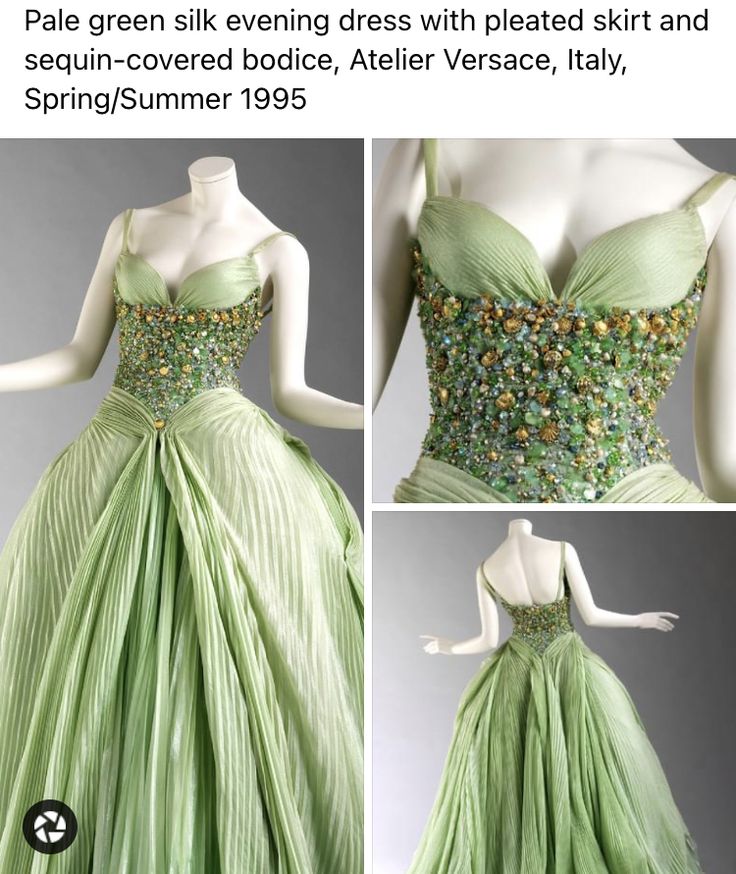 the image shows a pale green silk evening dress with a pleated skirt and a sequincovered bodice. the dress is an atelier versace design from italy, spring/summer 1995 collection. the dress is displayed on a mannequin, and multiple angles are shown.