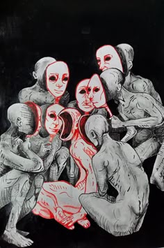 a surreal black and white line art drawing with red highlights, depicting a group of figures wearing masks. the figures are drawn in a dark and somber style, with their faces obscured by the masks. the masks are all different shapes and sizes, but they all have a similar red design around the eyes and mouth. the drawing suggests a sense of anonymity and alienation.