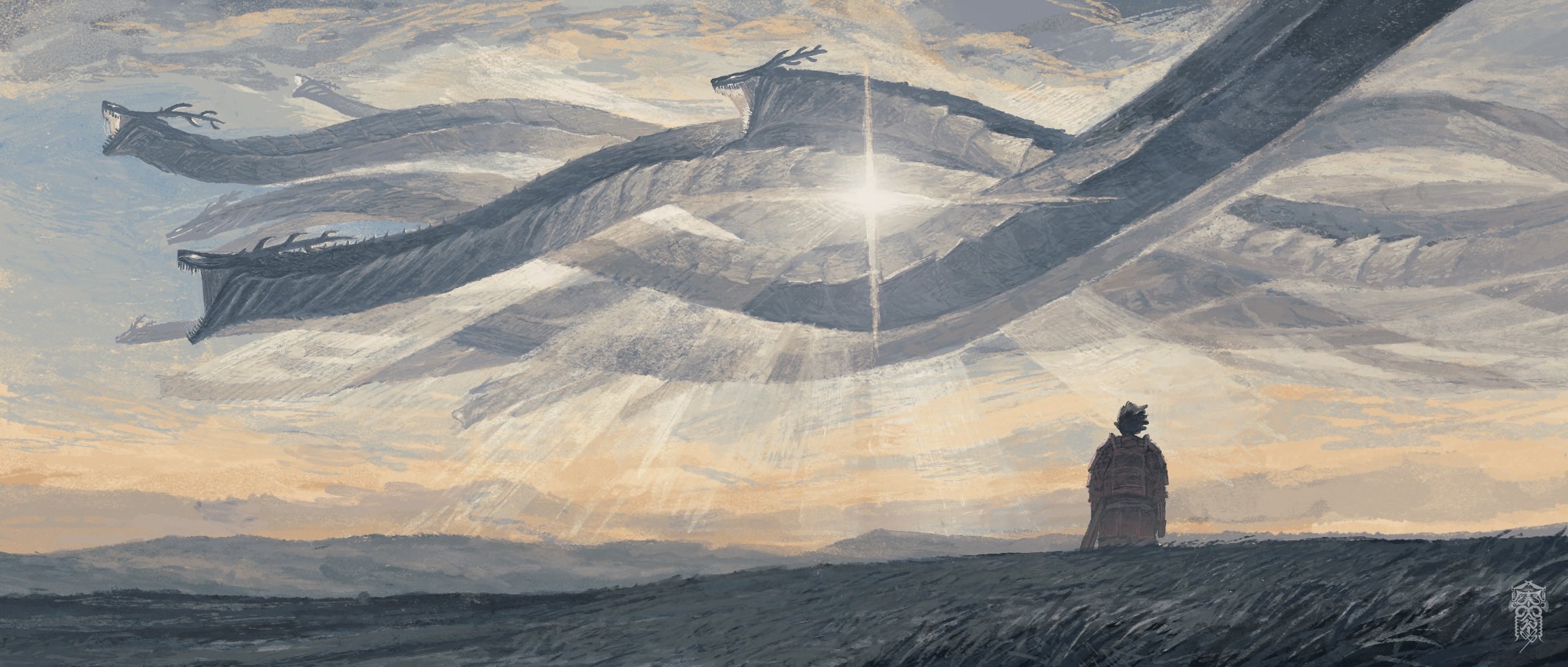 the image depicts a vast, surreal landscape under a sky dominated by serpentine dragons. a lone figure stands on a grassy hill, silhouetted against the horizon. above, massive dragons weave through the clouds, their forms creating a sense of immense scale. a bright light, resembling the sun or a star, shines between the dragons, casting rays down onto the landscape. the overall atmosphere is one of fantasy and awe.