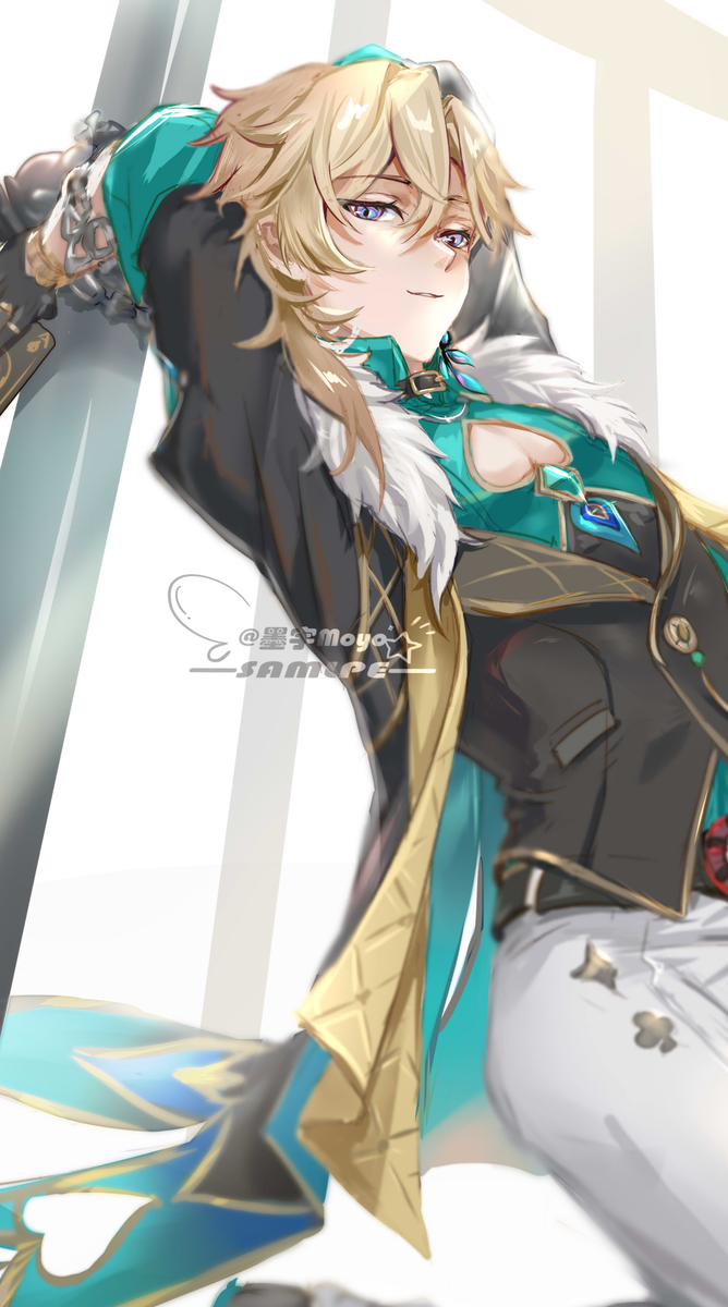 he image is a piece of fanart depicting albedo from genshin impact. he is depicted with his signature blonde hair, teal and gold clothing, and a confident pose. he is holding a sword and is surrounded by a light background which emphasizes his features. the art style is clean, polished and slightly stylized, typical of modern animeinfluenced digital illustration.