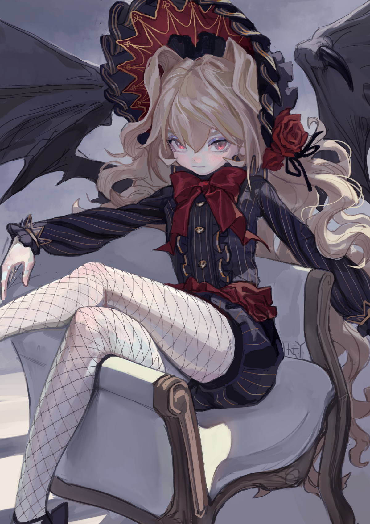 an animestyle illustration depicts a gothic lolita girl with blonde hair and red eyes sitting in a chair. she has bat wings and wears a dark striped dress with a red bow and red accents. she also wears fishnet stockings and a hat with ribbons and frills, adorned with a rose.