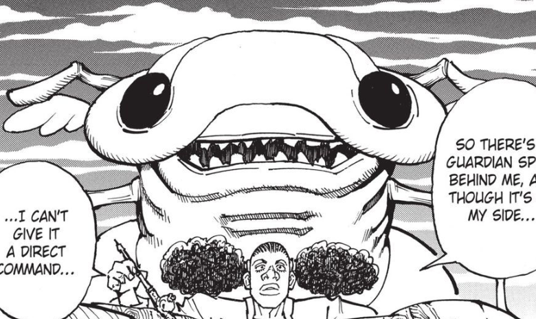a black and white image of a manga page, showing a giant smiling tadpolelike creature with sharp teeth looming over a terrified looking man. the man is holding what appears to be a paintbrush, and the speech bubble next to him says, "...i can't give it a direct command..." another speech bubble from offscreen says, "so there's guardian sp behind me, a though it's my side..."