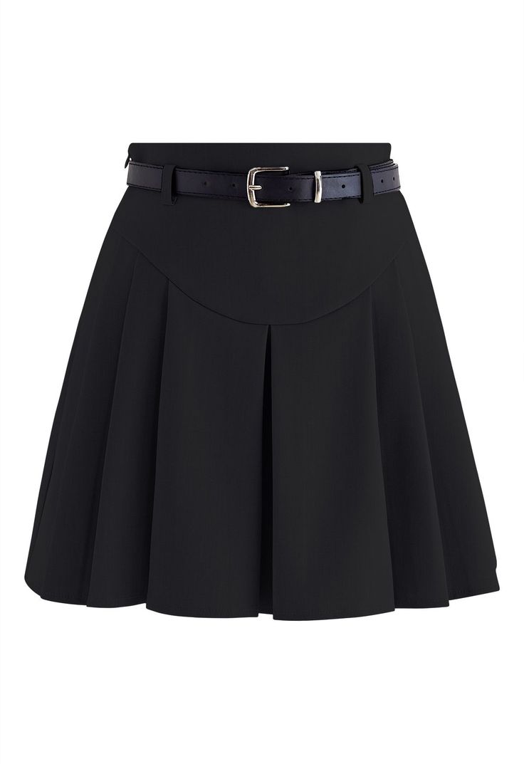 a black pleated skirt with a high waist and a black belt with a silver buckle. the skirt is aline and falls just above the knee.