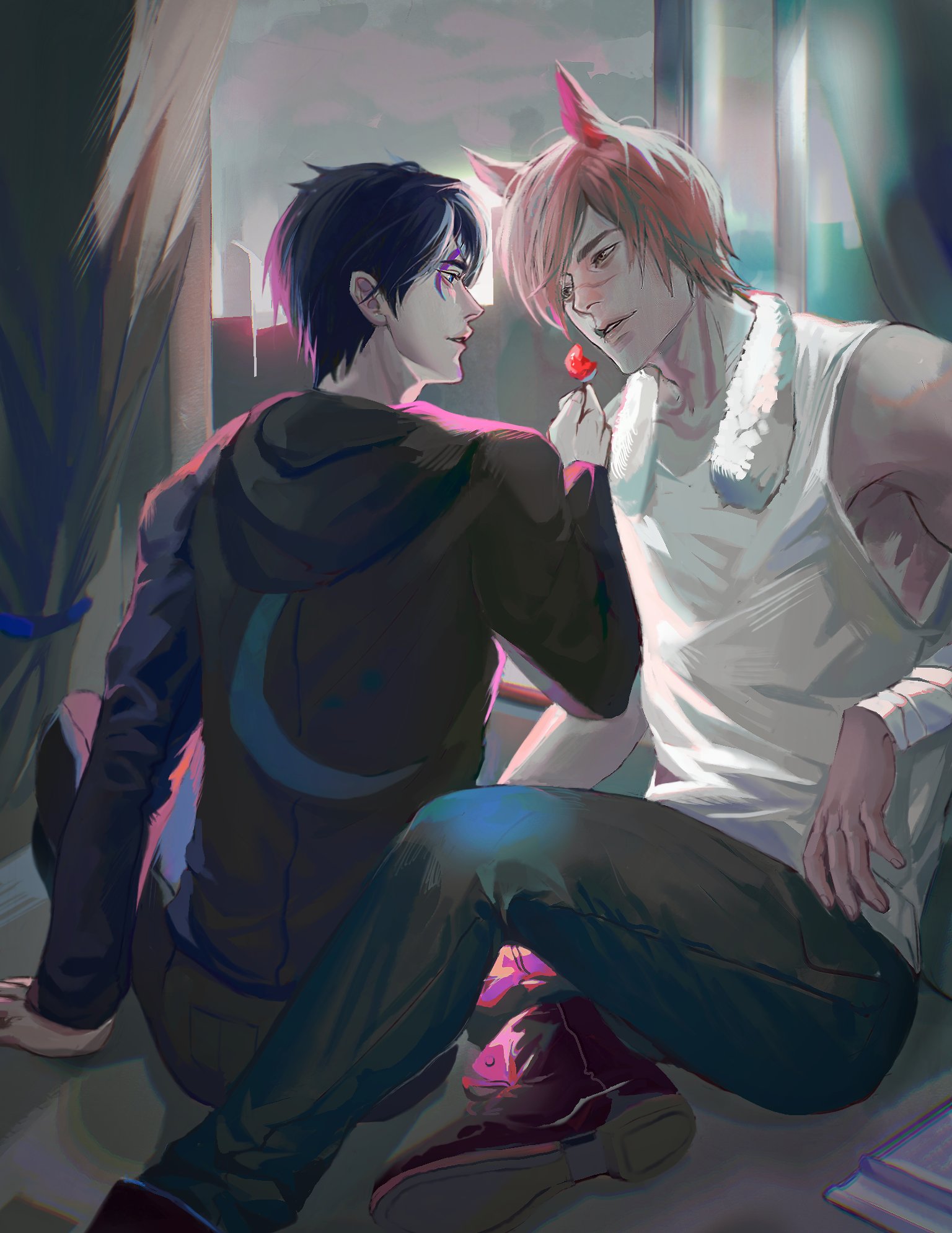 two anime boys are sitting together by a window. the boy on the left has black hair and blue eyes. he's wearing a black hoodie and jeans. the boy on the right has pink hair and red eyes. he's wearing a white tank top and jeans. the boy on the right is holding a red candy and looking at the boy on the left.  the scene is warm and romantic, and the boys appear to be in love.
