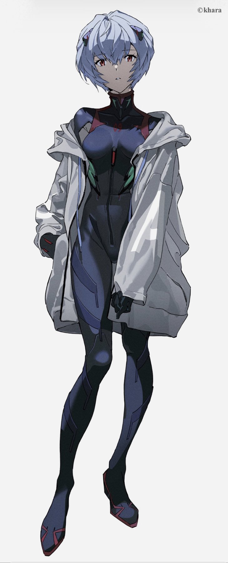 the image showcases rei ayanami, a wellknown character from the anime series neon genesis evangelion. she is depicted in her signature plugsuit, complemented by a stylish, oversized white jacket. her blue hair and piercing red eyes are strikingly prominent against the neutral backdrop. the illustration emphasizes soft lighting, enhancing the character's delicate features and lending a gentle touch to her typically stoic expression. the fullbody portrait captures her slender physique and confident posture, further highlighting her iconic design.